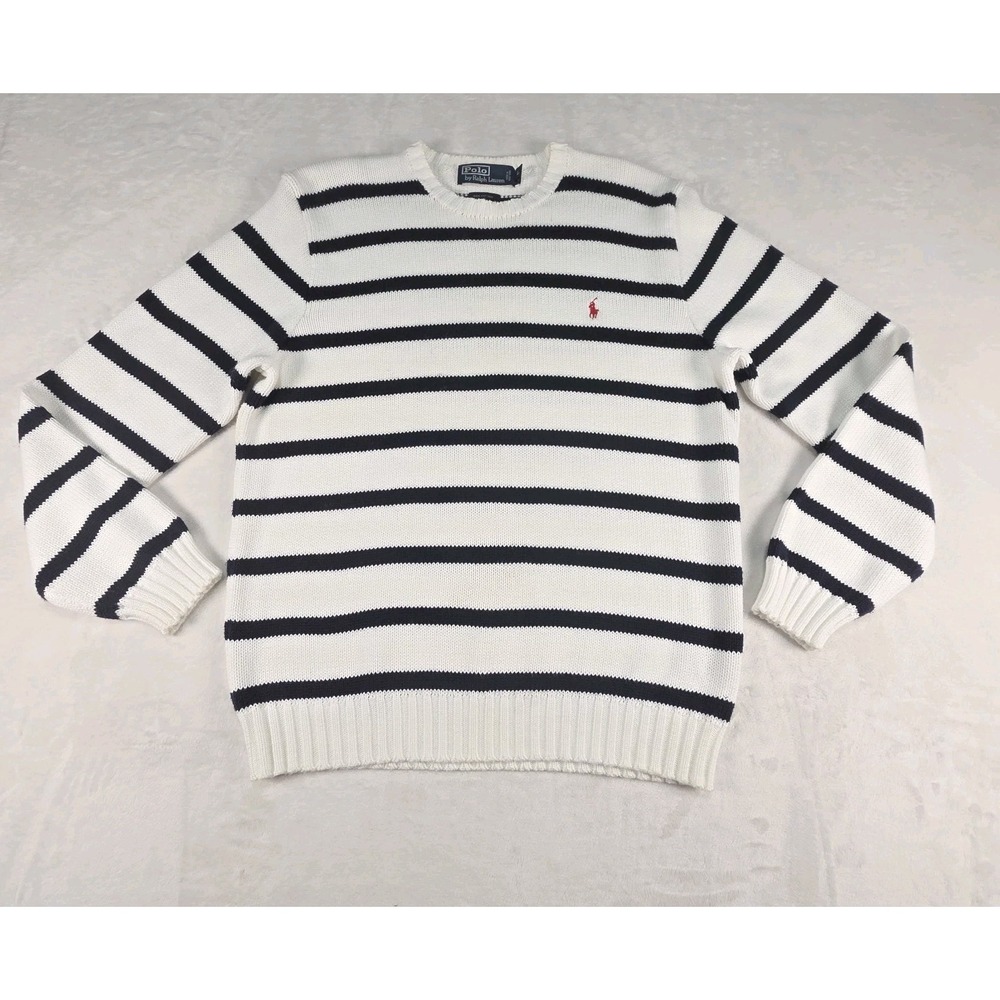 Vtg Polo Ralph Lauren Mens Large White Blue Striped Sweater Old Money Nautical